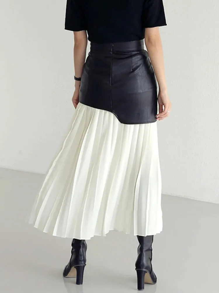 Kara Contrast Pleated Faux Leather Midi Skirt