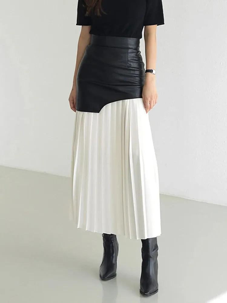 Kara Contrast Pleated Faux Leather Midi Skirt