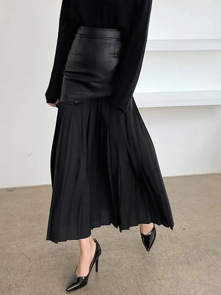 Kara Contrast Pleated Faux Leather Midi Skirt