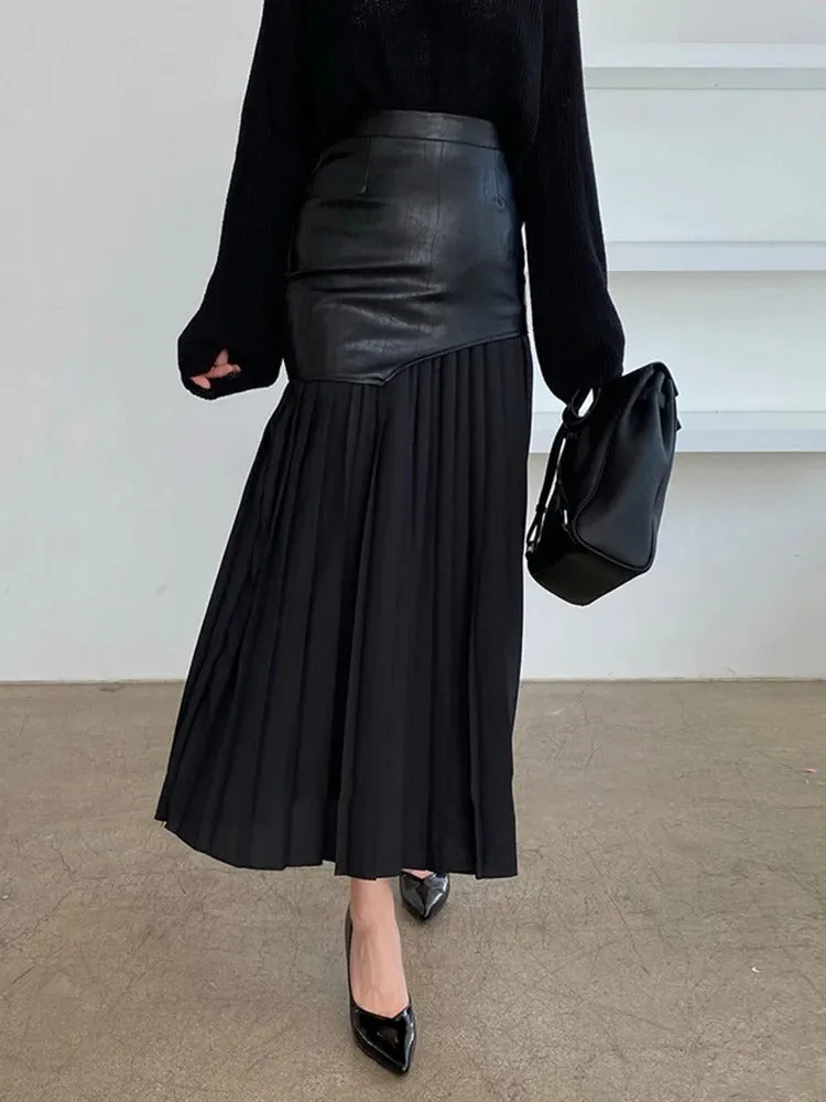 Kara Contrast Pleated Faux Leather Midi Skirt