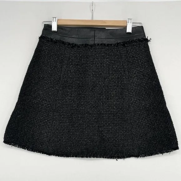 Kaufman Franco Tweed Mini Skirt Size 2/38 Black Faux Leather USA Made Vtg Luxury