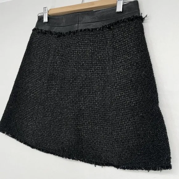 Kaufman Franco Tweed Mini Skirt Size 2/38 Black Faux Leather USA Made Vtg Luxury