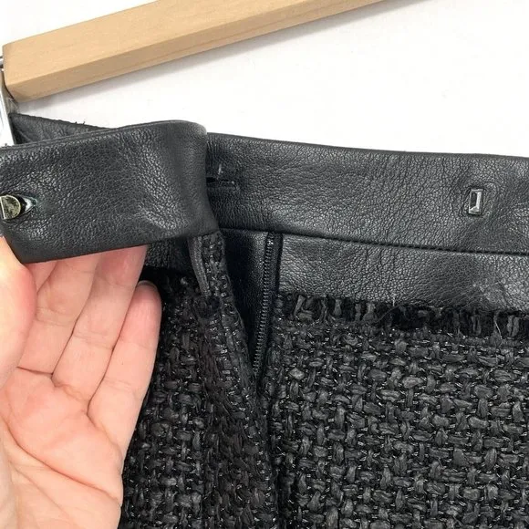 Kaufman Franco Tweed Mini Skirt Size 2/38 Black Faux Leather USA Made Vtg Luxury