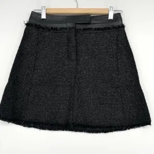 Kaufman Franco Tweed Mini Skirt Size 2/38 Black Faux Leather USA Made Vtg Luxury