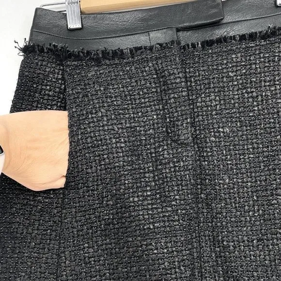Kaufman Franco Tweed Mini Skirt Size 2/38 Black Faux Leather USA Made Vtg Luxury