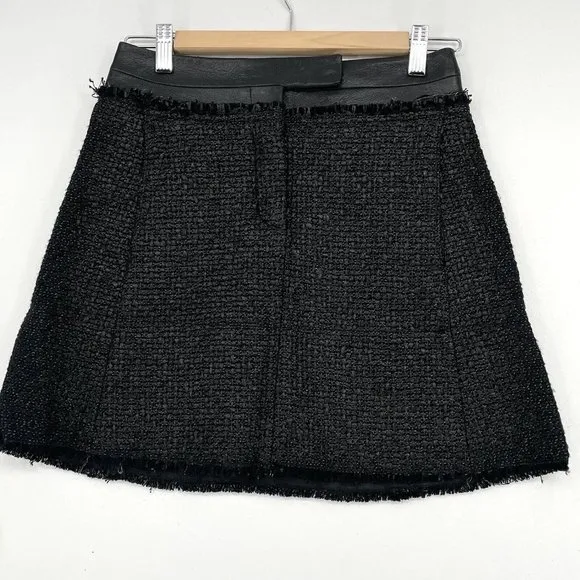 Kaufman Franco Tweed Mini Skirt Size 2/38 Black Faux Leather USA Made Vtg Luxury