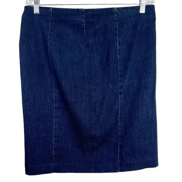 LAUREN RALPH LAUREN Light weight dark wash denim pencil skirt with leather trim