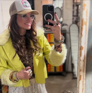 Lemon-Lime Cropped Fur Collared Jacket