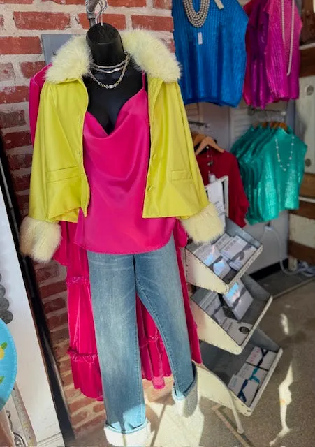Lemon-Lime Cropped Fur Collared Jacket