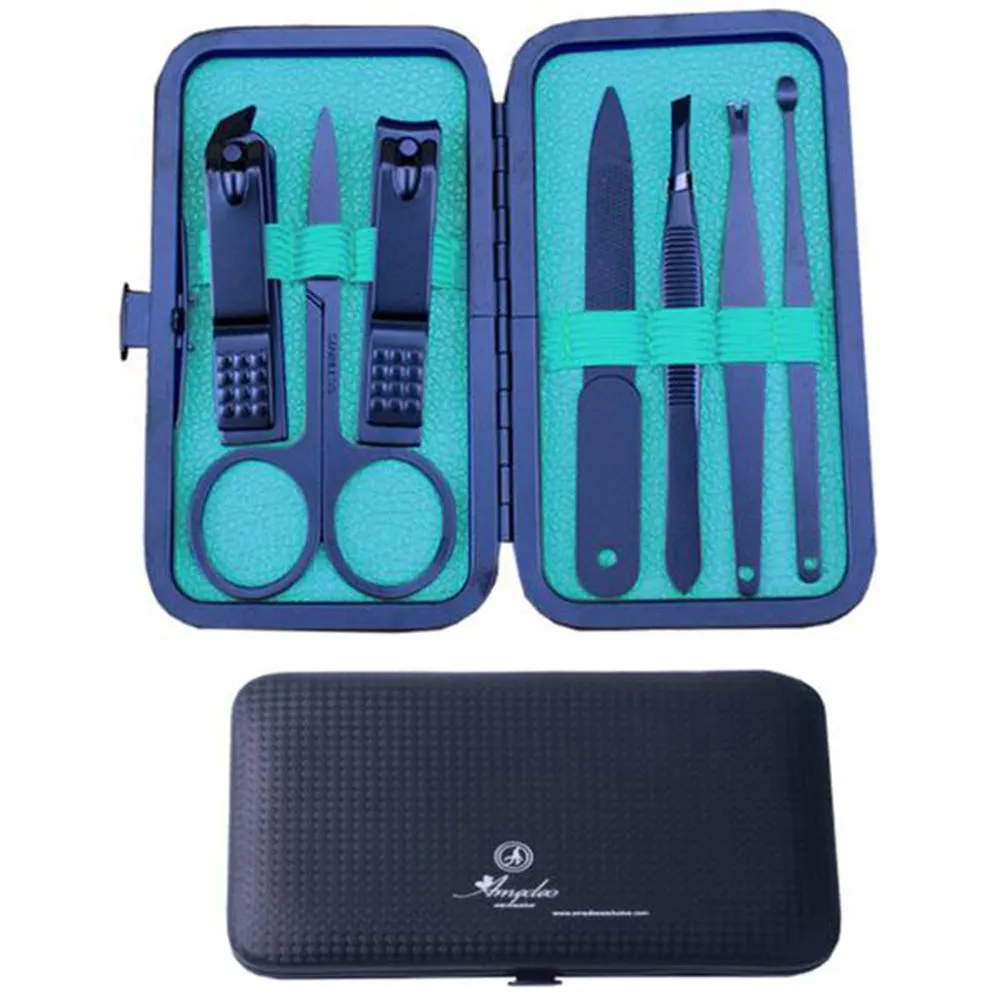Light Blue Mens Manicure Pedicure Kit - 7 piece Grooming Kit with travel Case