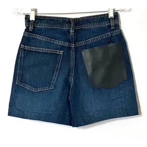 Massimo Dutti Denim Shorts 2 Blue Dark Wash Button Fly Faux Leather Pocket NWT