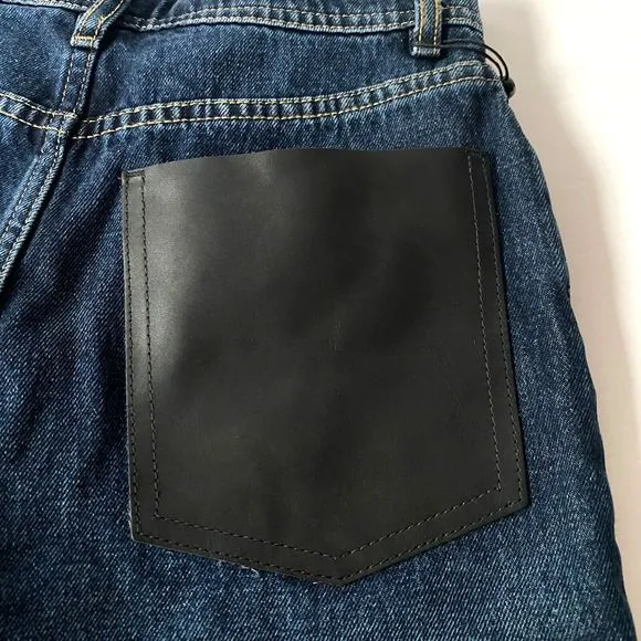 Massimo Dutti Denim Shorts 2 Blue Dark Wash Button Fly Faux Leather Pocket NWT