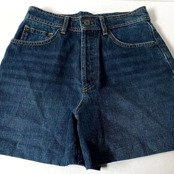 Massimo Dutti Denim Shorts 2 Blue Dark Wash Button Fly Faux Leather Pocket NWT