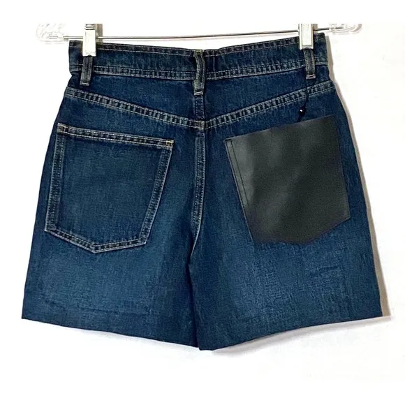 Massimo Dutti Denim Shorts 2 Blue Dark Wash Button Fly Faux Leather Pocket NWT