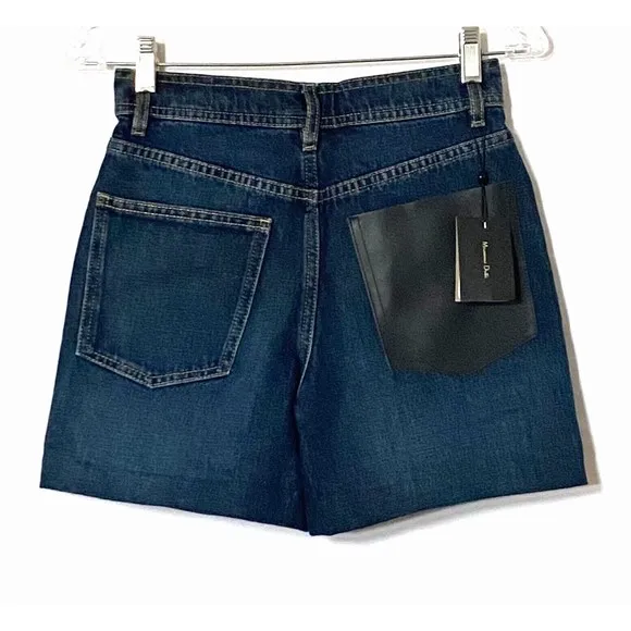 Massimo Dutti Denim Shorts 2 Blue Dark Wash Button Fly Faux Leather Pocket NWT