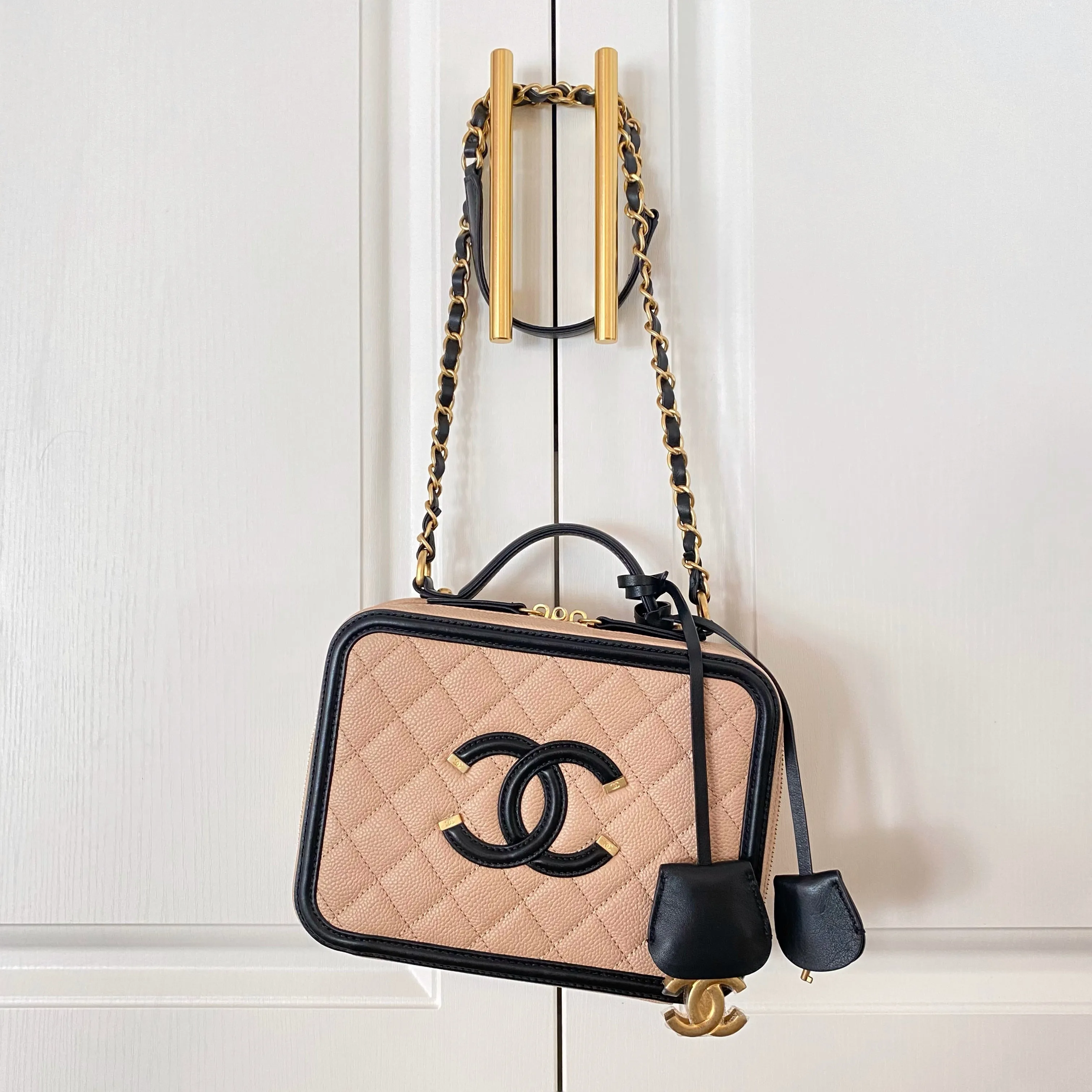 Medium CC Filigree Vanity Case in Beige Black Caviar