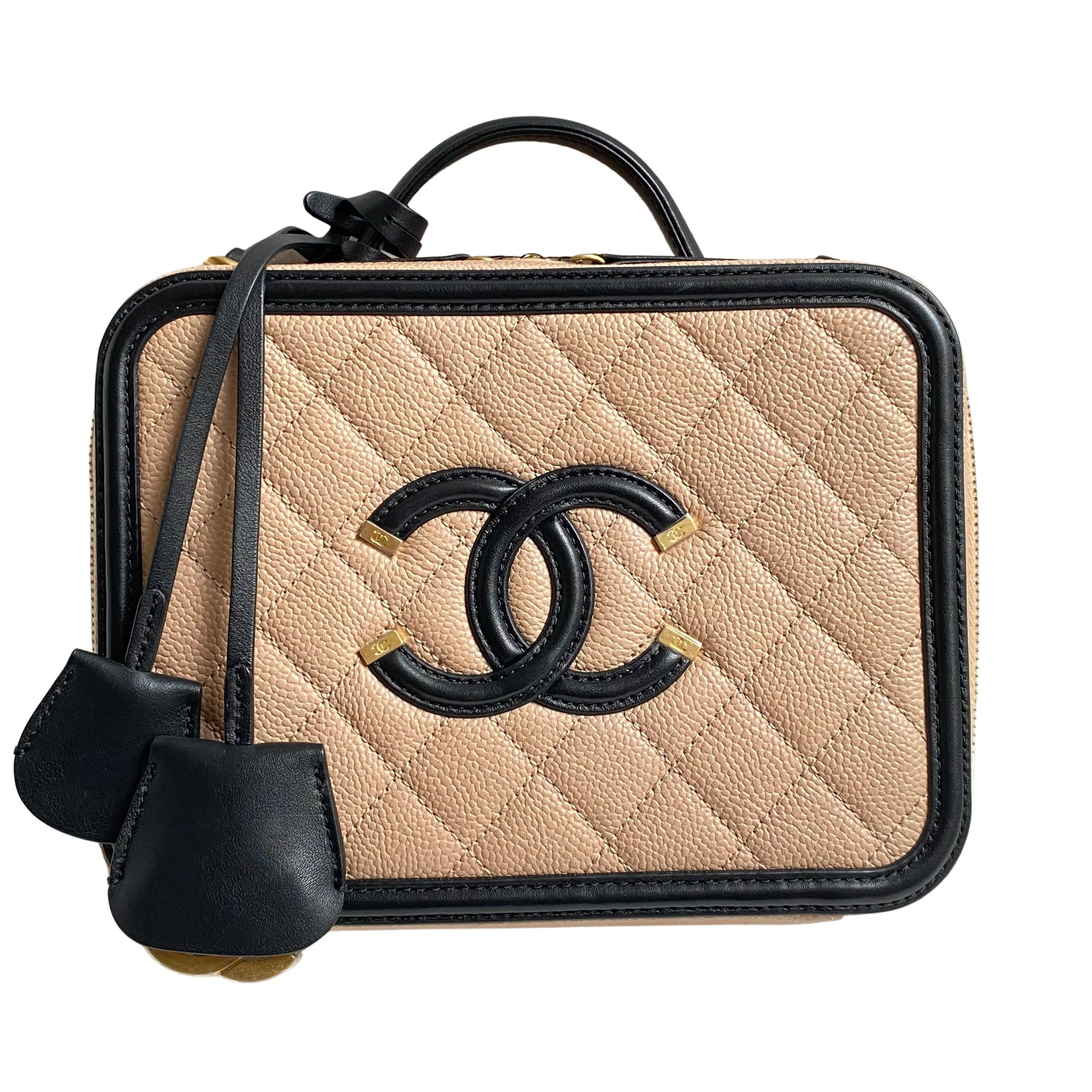 Medium CC Filigree Vanity Case in Beige Black Caviar