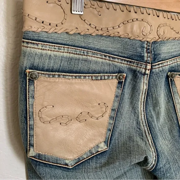 MVX Tribe | Size 27 Leather Jean USA Design 100% Cotton Leather Trim Boho Cowboy