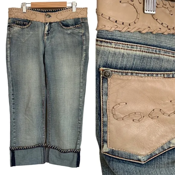 MVX Tribe | Size 27 Leather Jean USA Design 100% Cotton Leather Trim Boho Cowboy