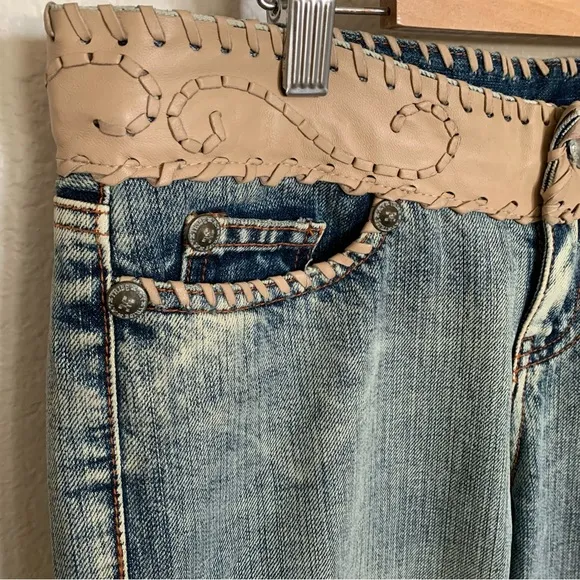 MVX Tribe | Size 27 Leather Jean USA Design 100% Cotton Leather Trim Boho Cowboy