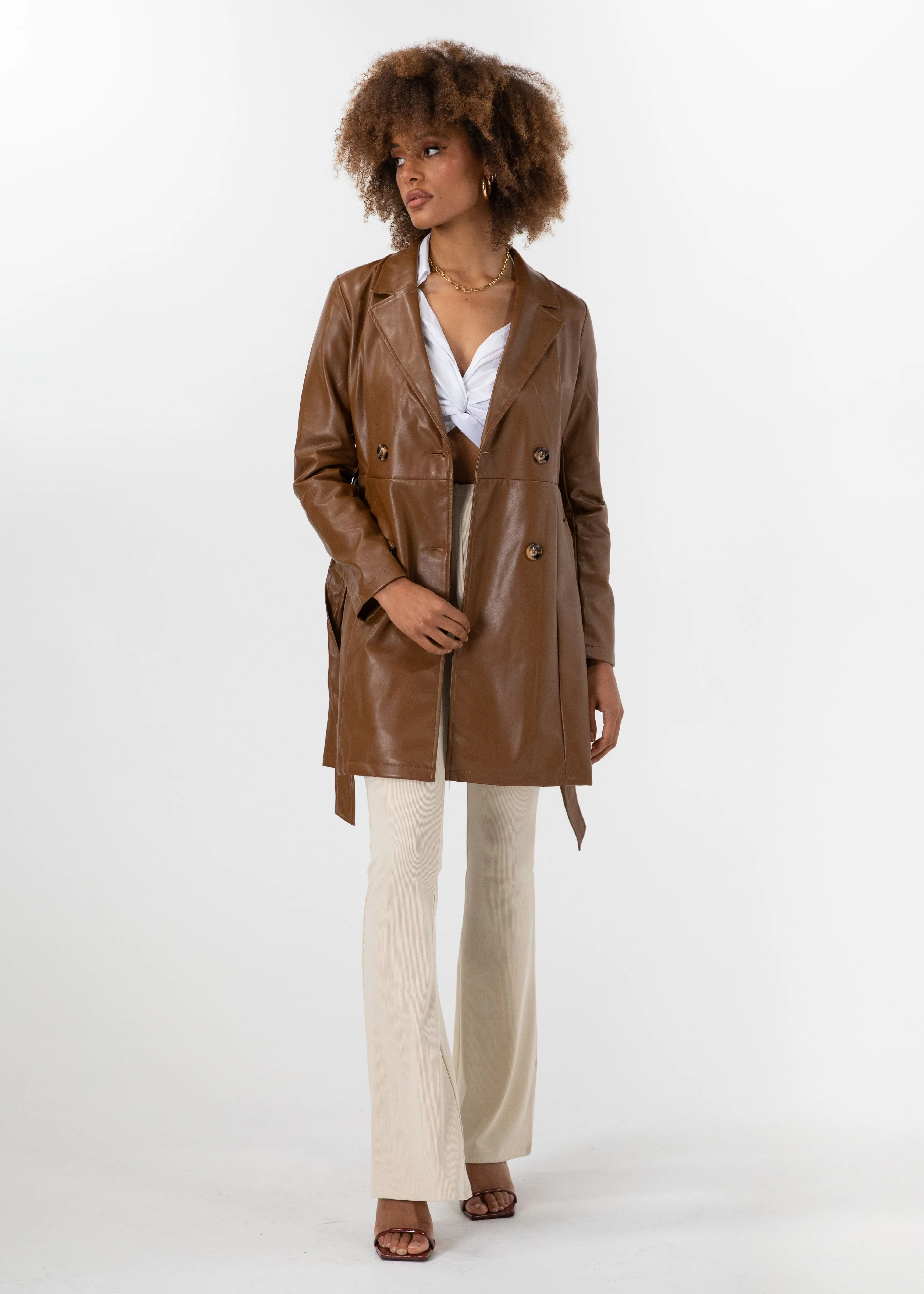 Naoki Leather Look Coat - Chocolate