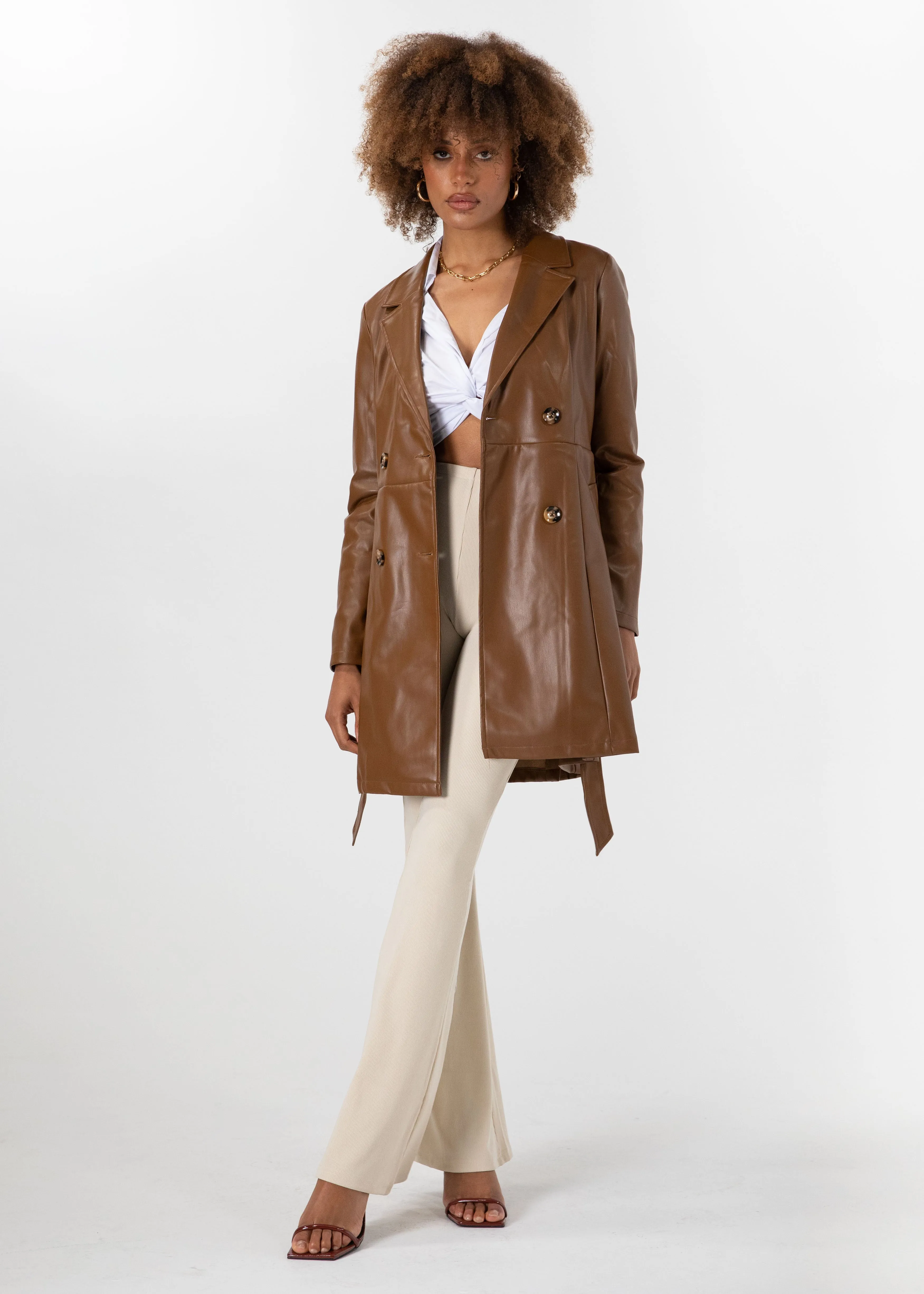 Naoki Leather Look Coat - Chocolate