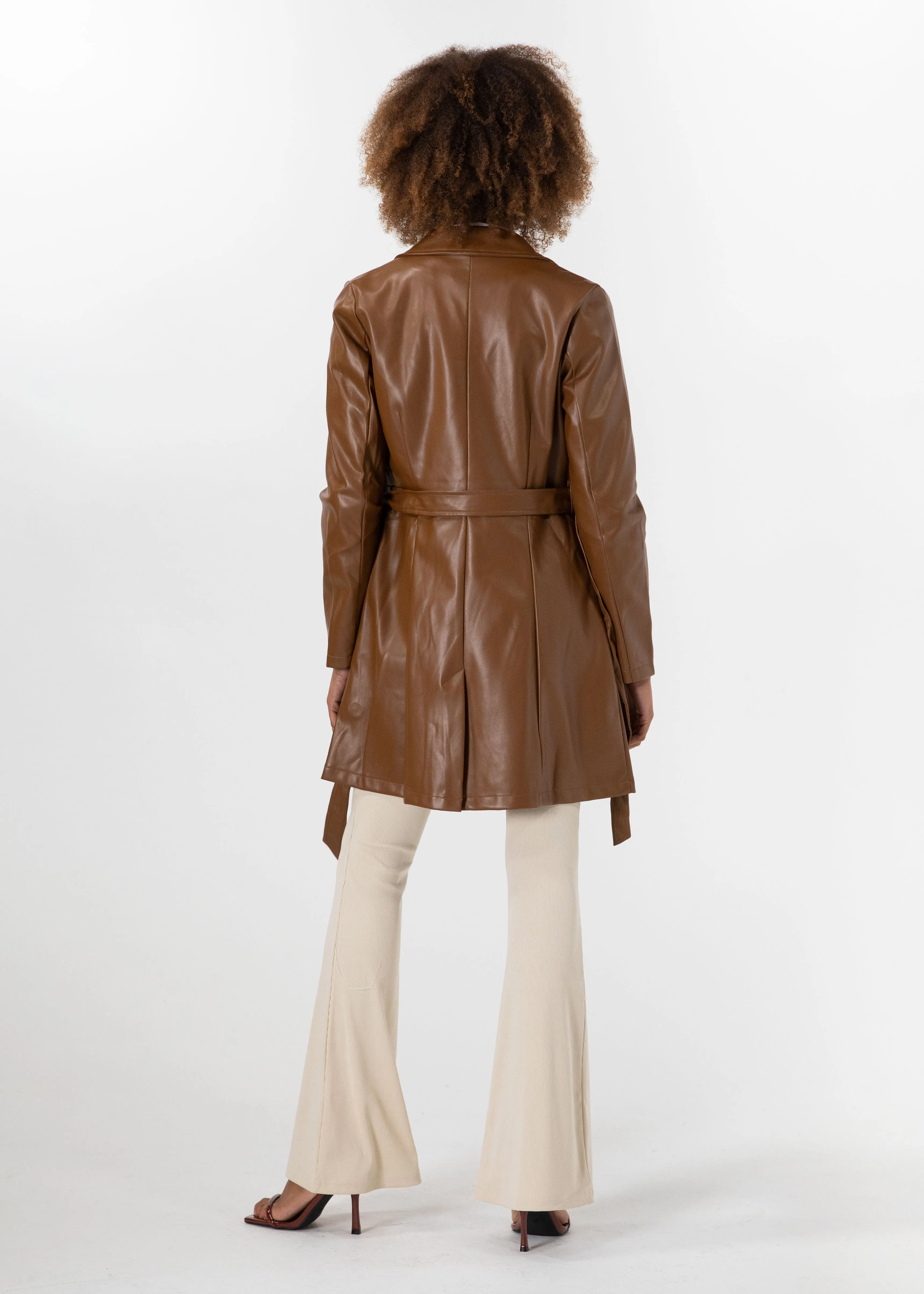 Naoki Leather Look Coat - Chocolate