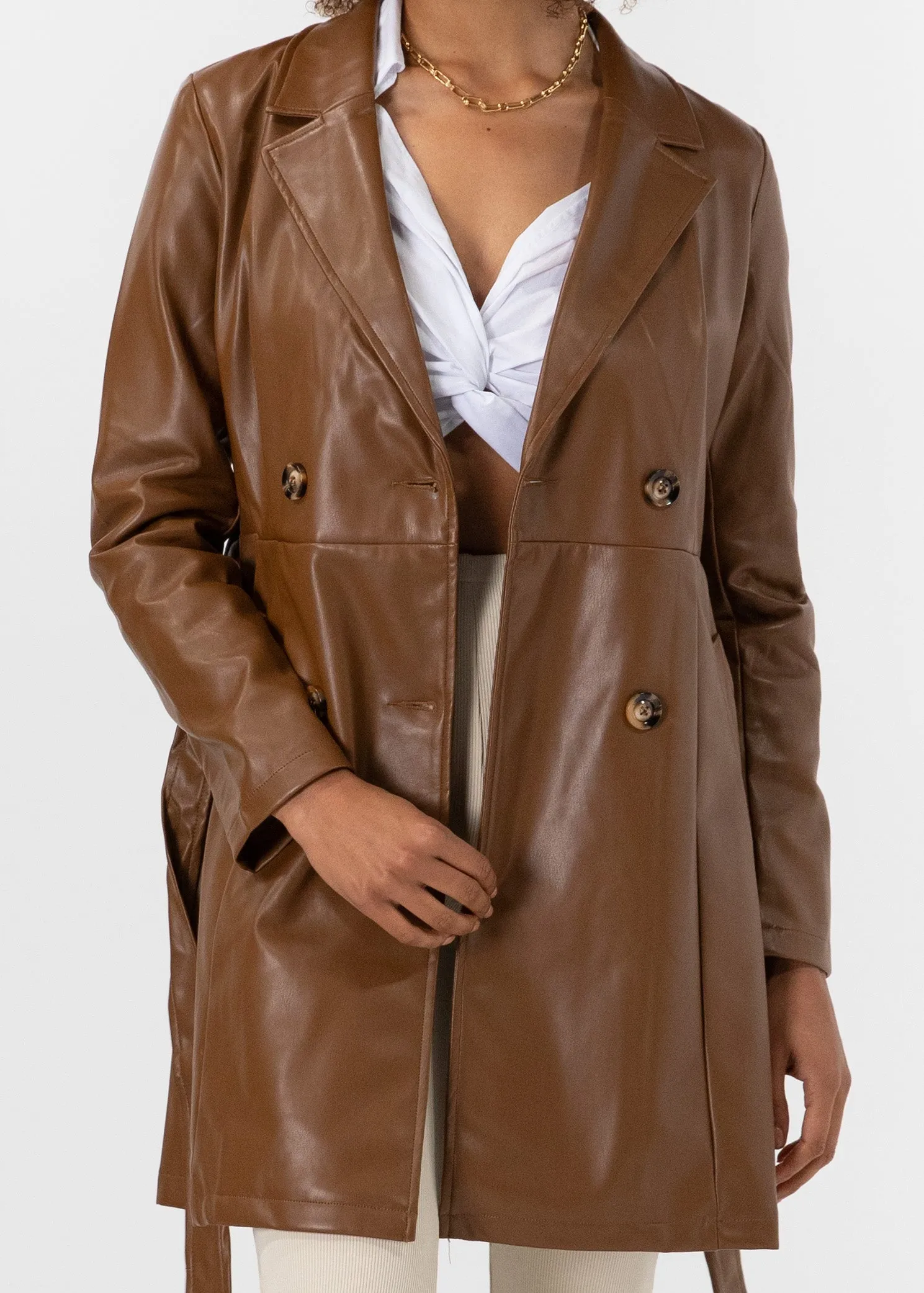 Naoki Leather Look Coat - Chocolate