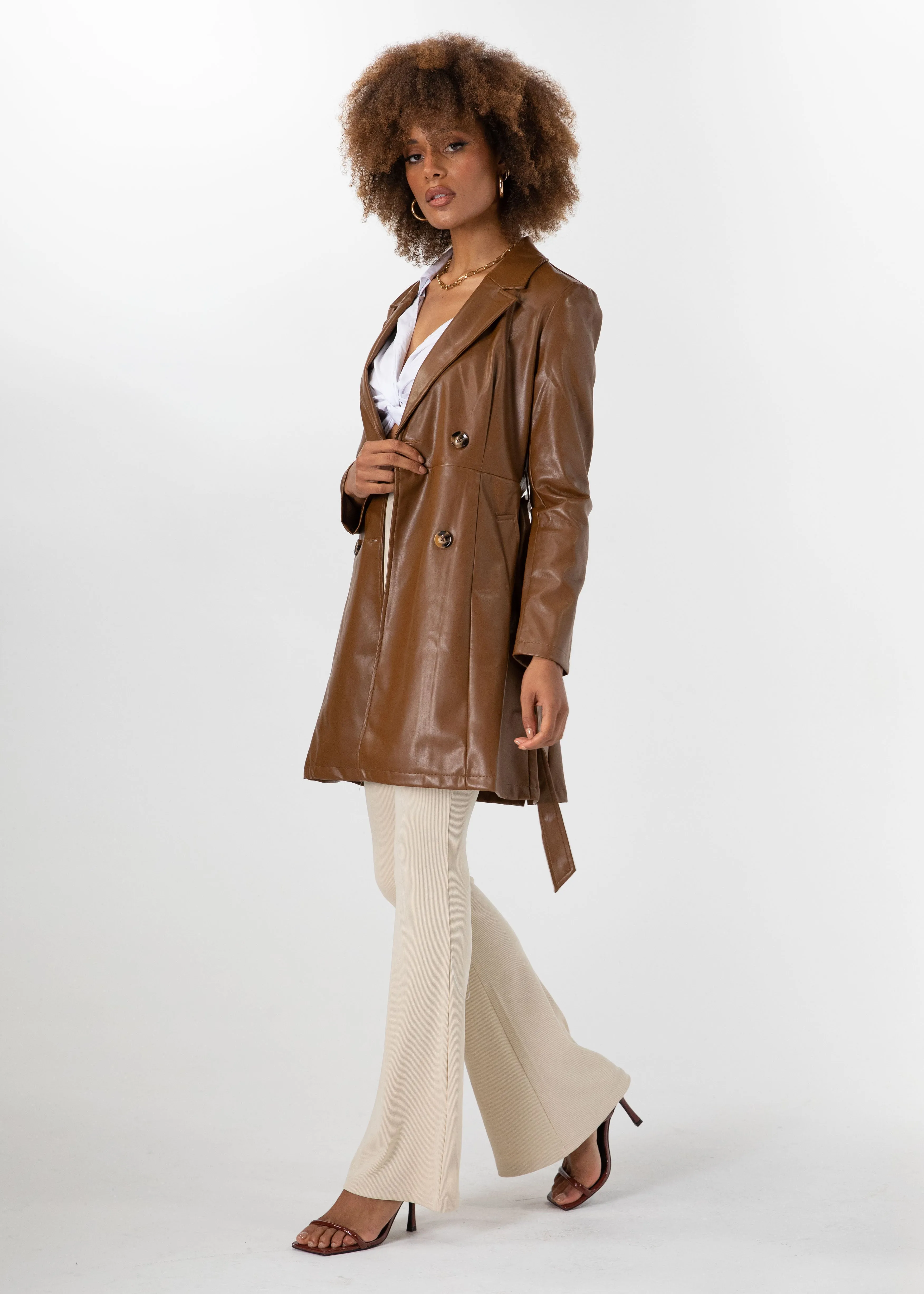 Naoki Leather Look Coat - Chocolate