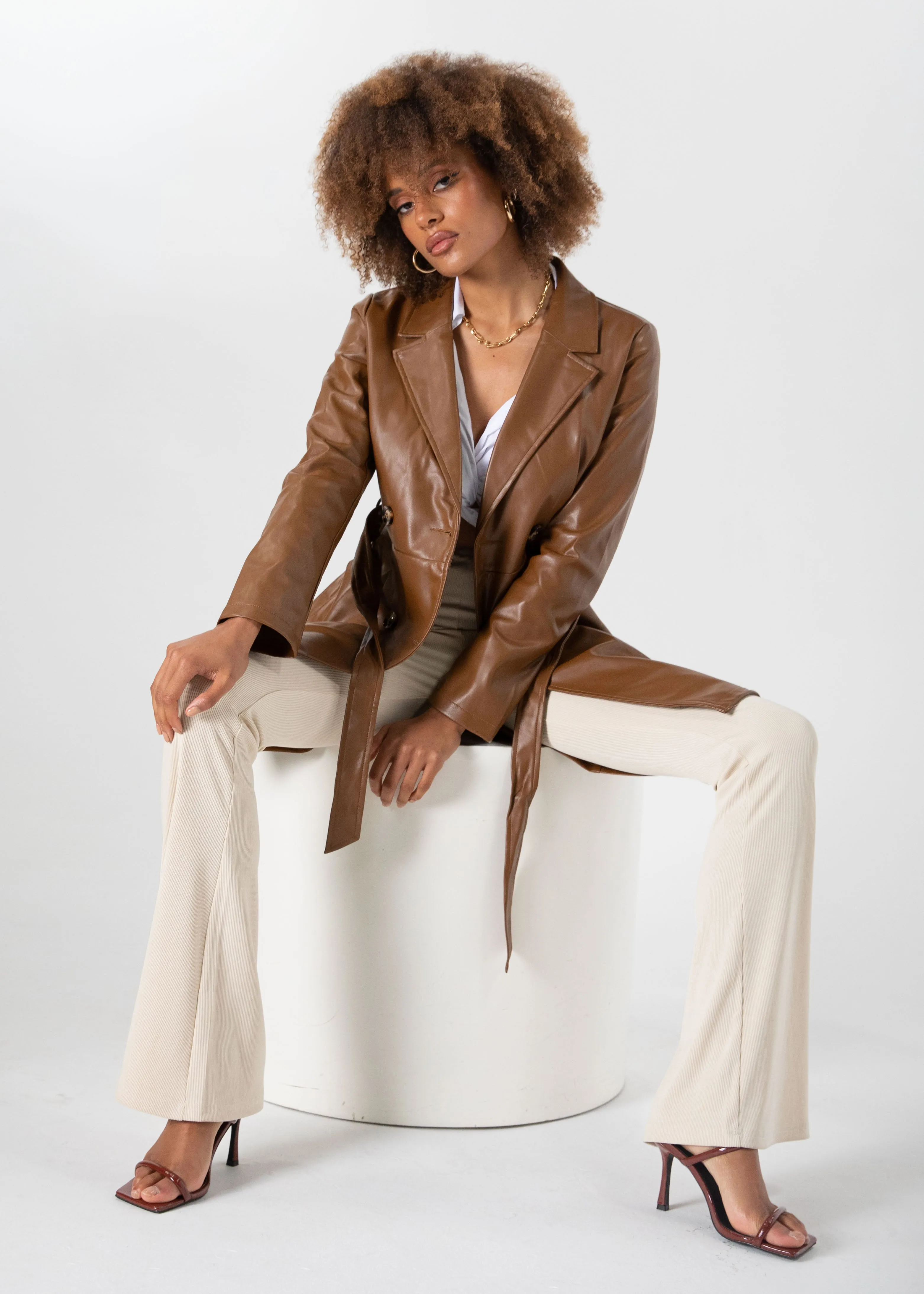 Naoki Leather Look Coat - Chocolate