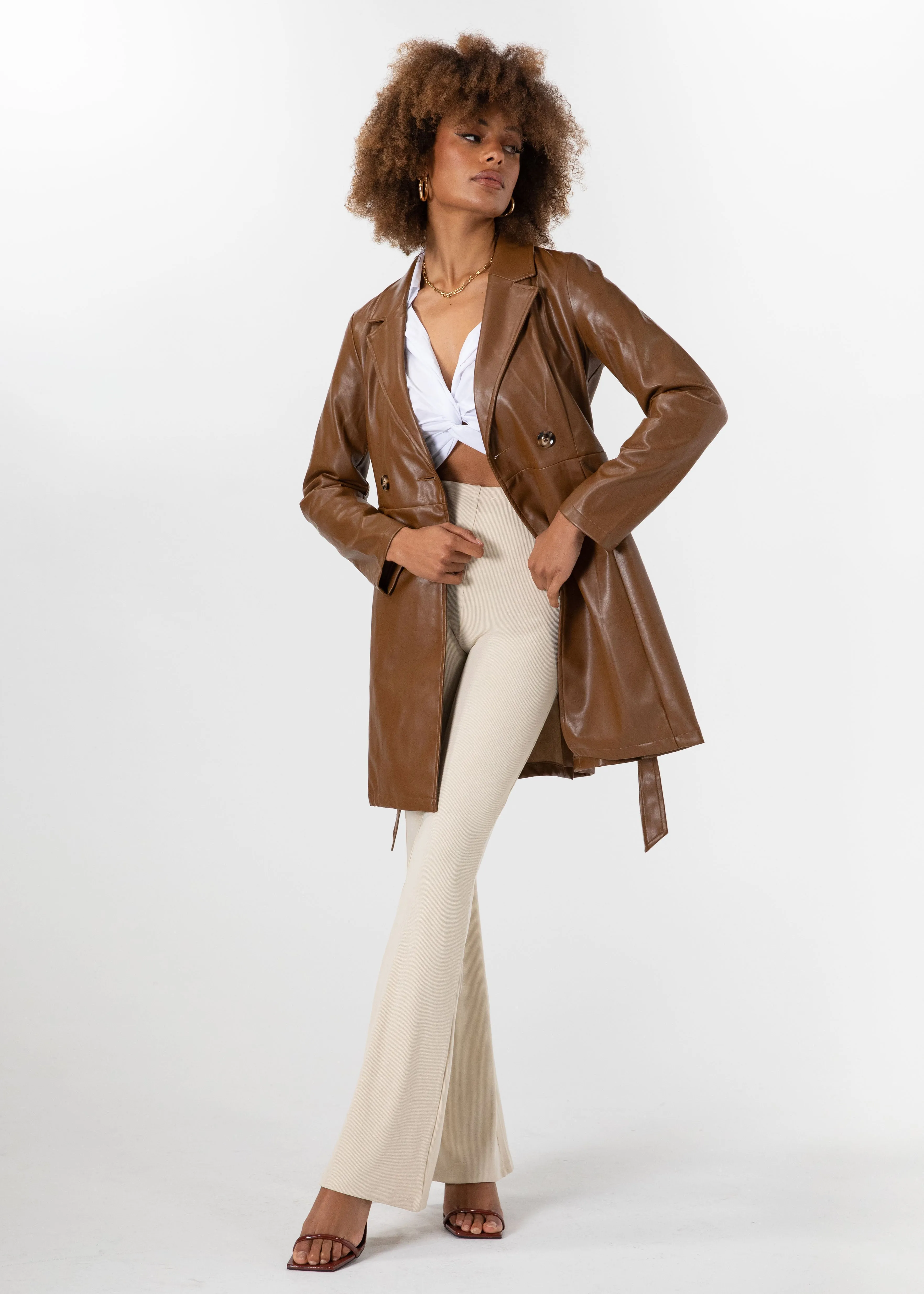 Naoki Leather Look Coat - Chocolate