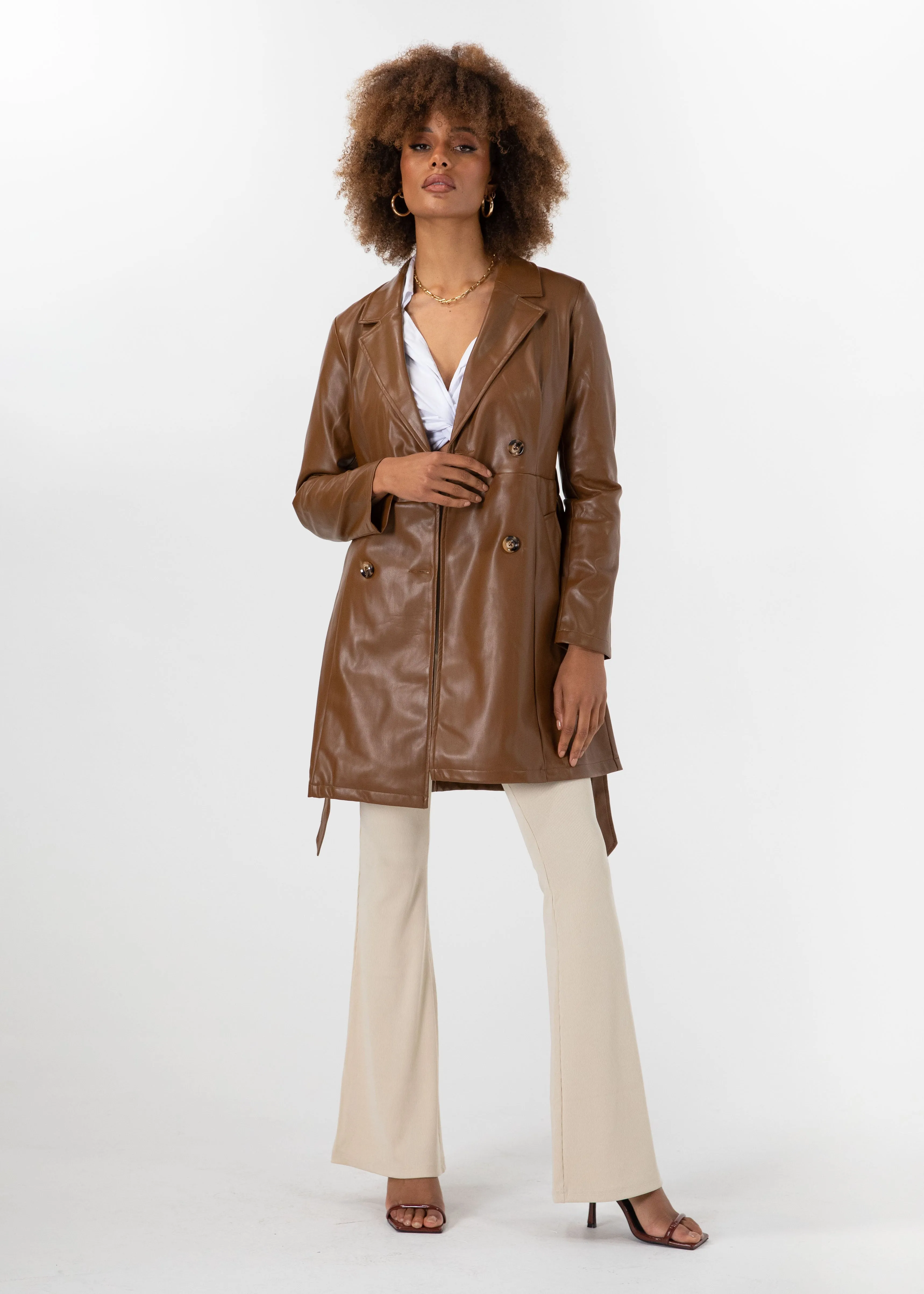 Naoki Leather Look Coat - Chocolate