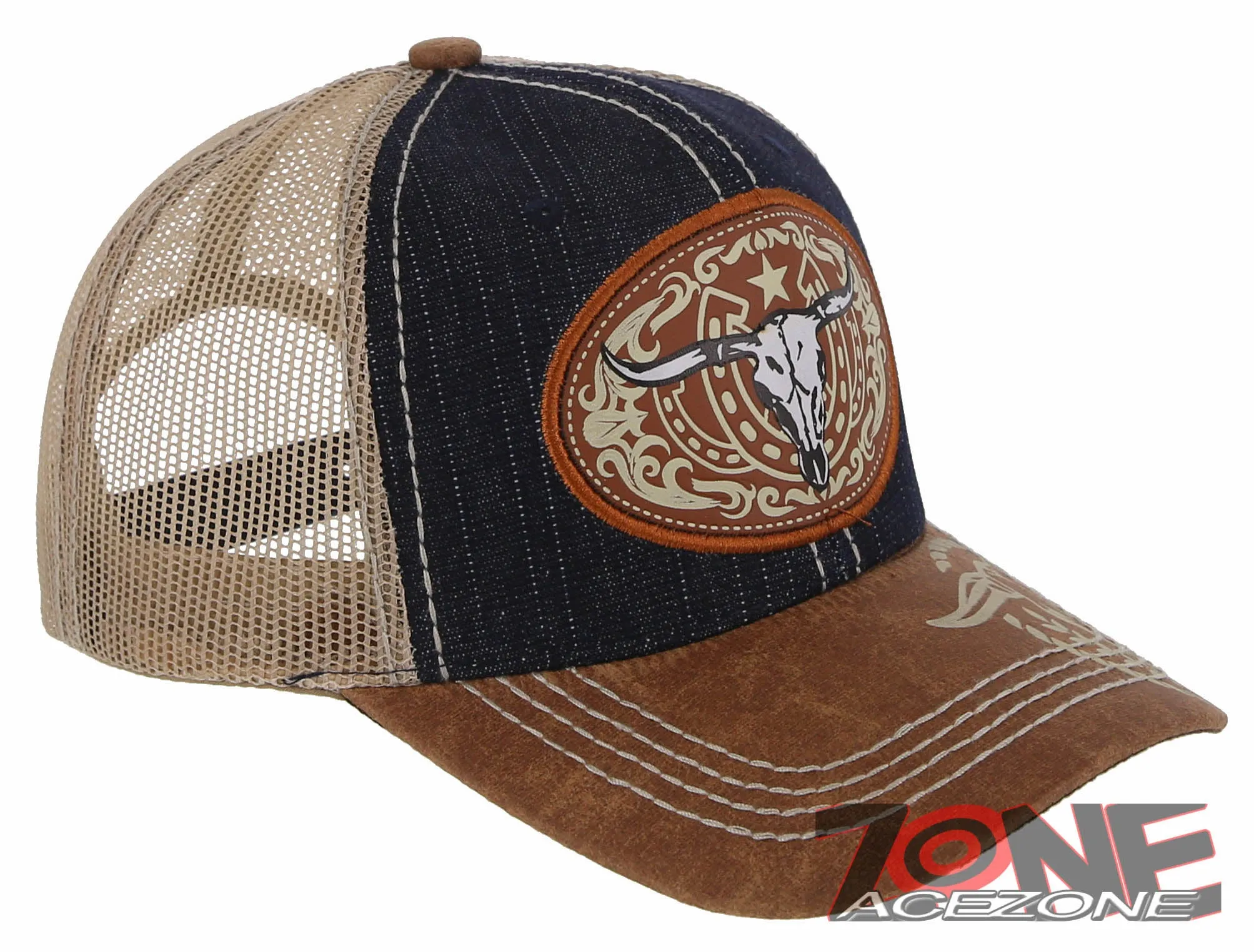 NEW! COW SKULL BULL HEAD RODEO HORSE SHOE STAR TRUCKER BALL CAP HAT BLUE JEAN