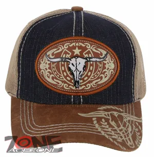 NEW! COW SKULL BULL HEAD RODEO HORSE SHOE STAR TRUCKER BALL CAP HAT BLUE JEAN