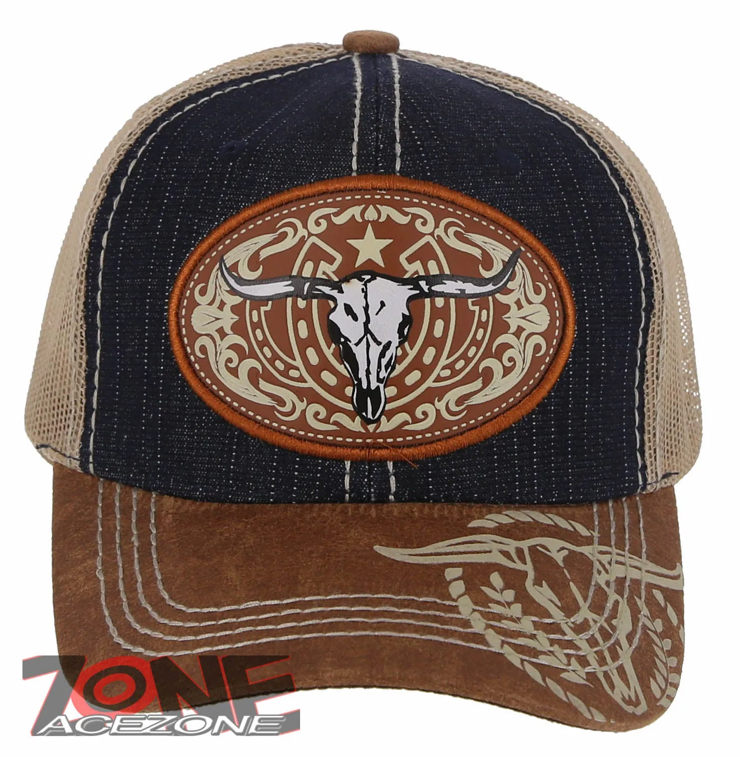 NEW! COW SKULL BULL HEAD RODEO HORSE SHOE STAR TRUCKER BALL CAP HAT BLUE JEAN