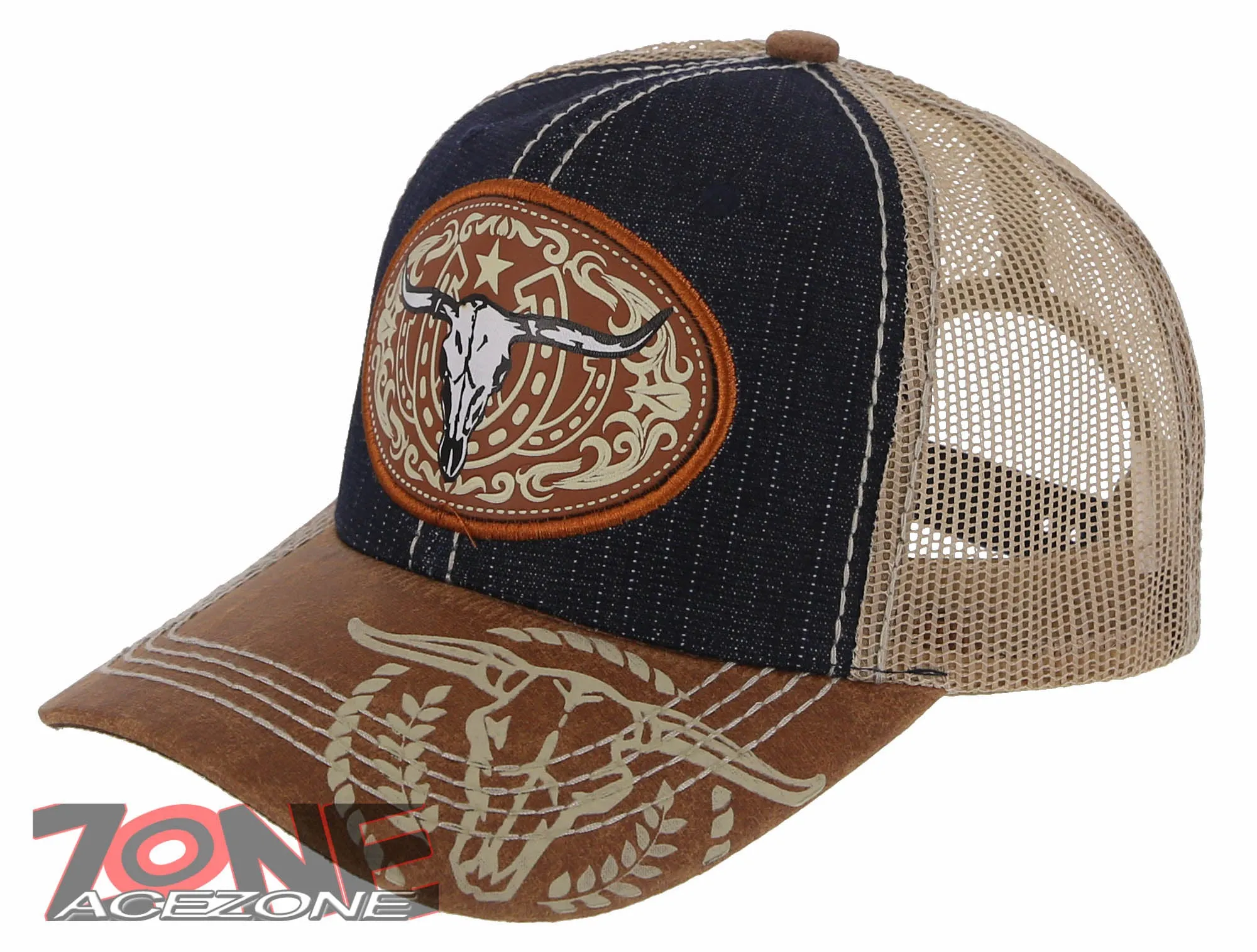 NEW! COW SKULL BULL HEAD RODEO HORSE SHOE STAR TRUCKER BALL CAP HAT BLUE JEAN