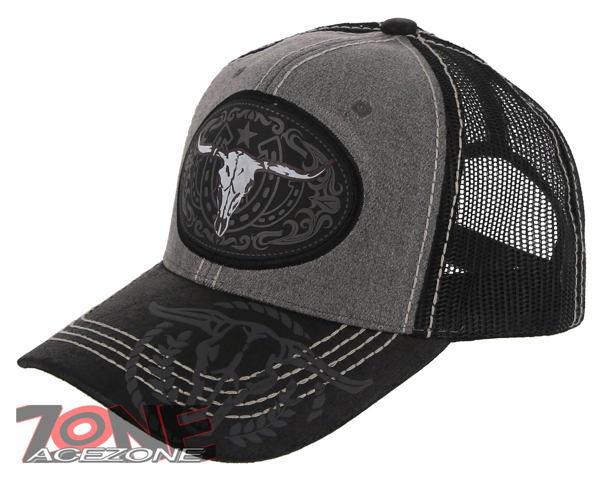 NEW! COW SKULL BULL HEAD RODEO HORSE SHOE STAR TRUCKER BALL CAP HAT GRAY BLACK