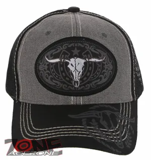 NEW! COW SKULL BULL HEAD RODEO HORSE SHOE STAR TRUCKER BALL CAP HAT GRAY BLACK