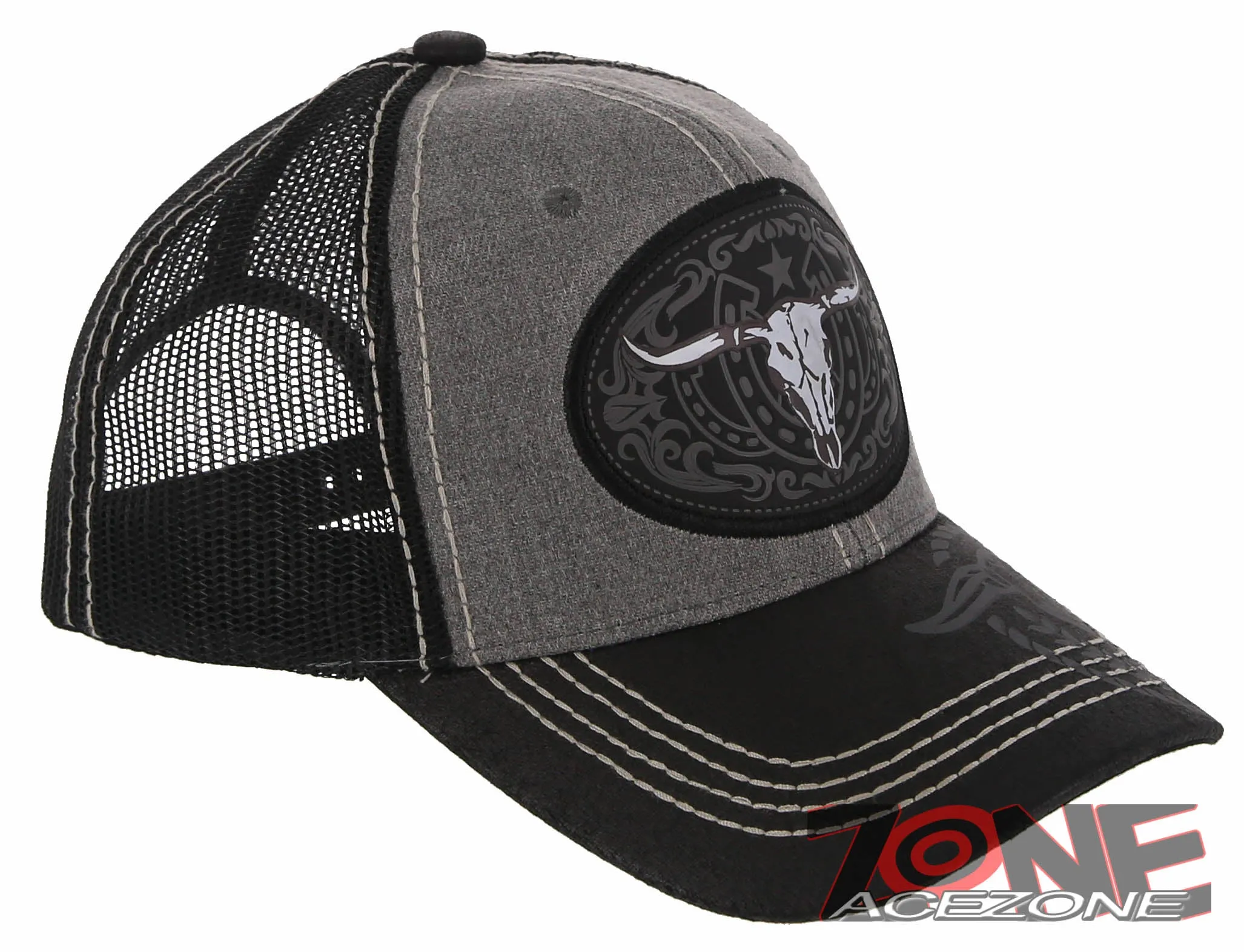NEW! COW SKULL BULL HEAD RODEO HORSE SHOE STAR TRUCKER BALL CAP HAT GRAY BLACK