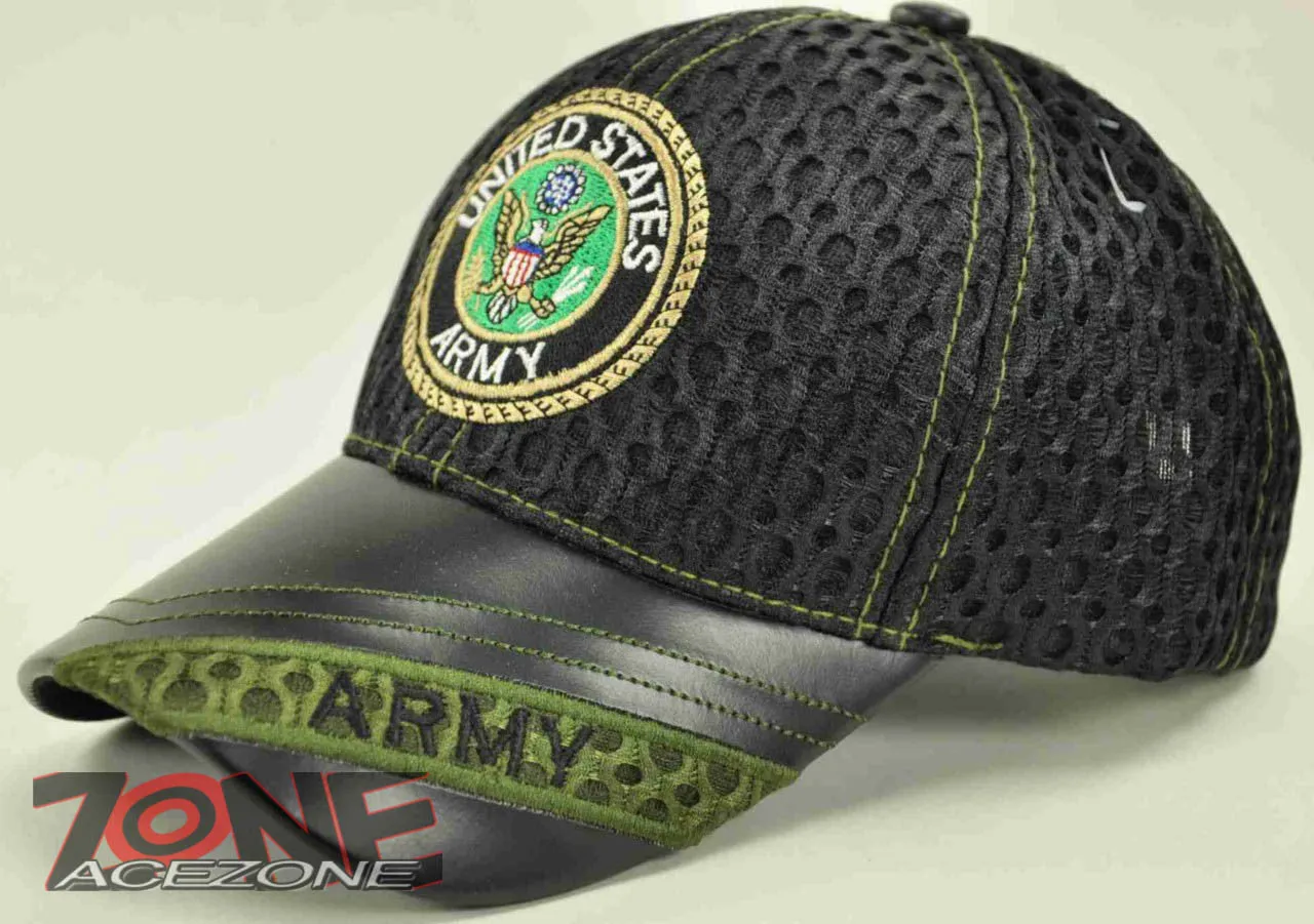 NEW! MESH W/LEATHER US ARMY ROUND US ARMY CAP HAT BLACK