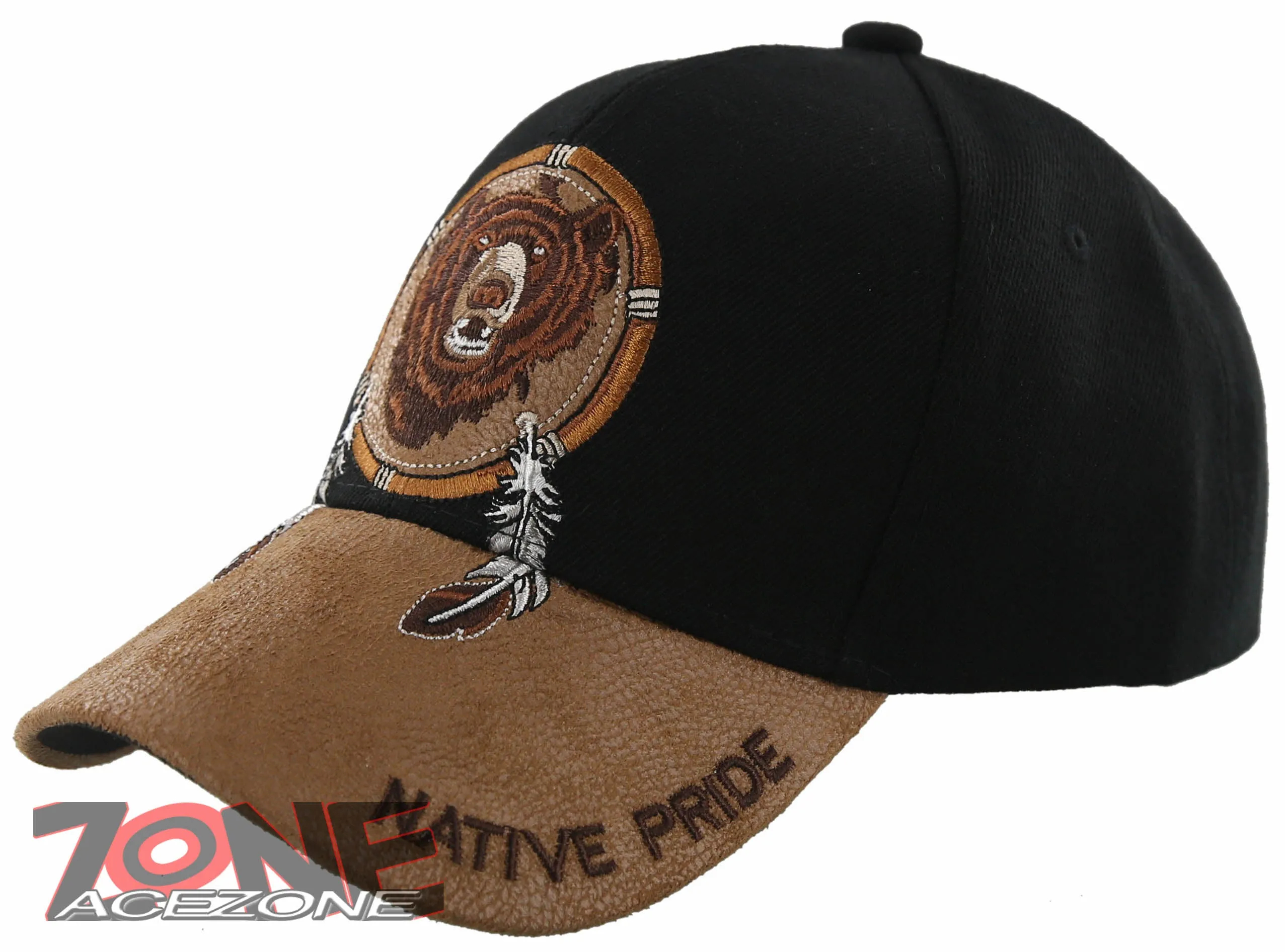 NEW! NATIVE PRIDE BEAR FEATHERS FAUX LEATHER BASEBALL CAP HAT BLACK