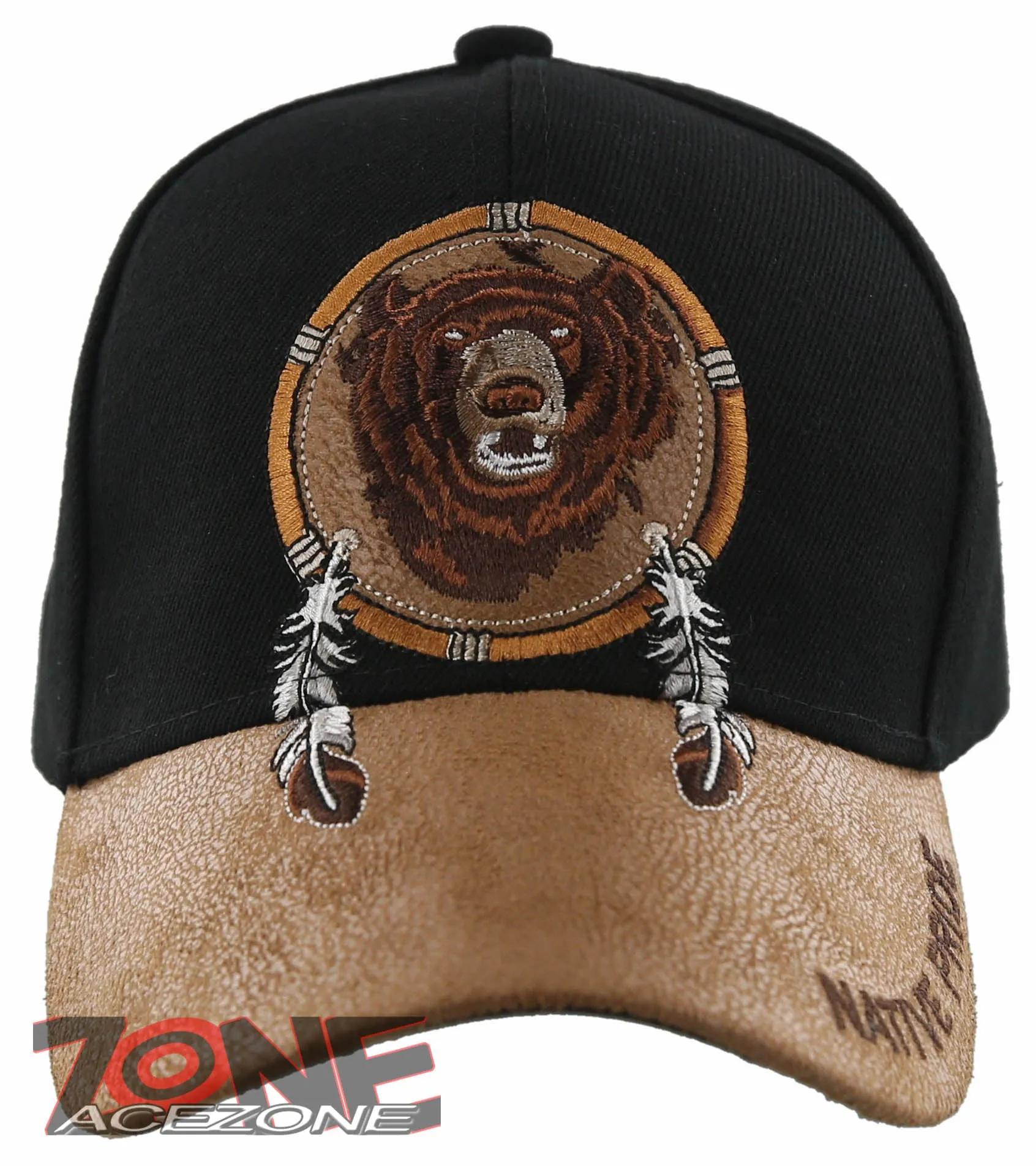 NEW! NATIVE PRIDE BEAR FEATHERS FAUX LEATHER BASEBALL CAP HAT BLACK