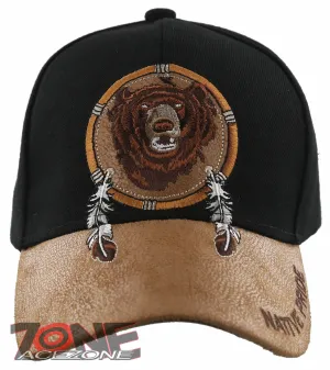 NEW! NATIVE PRIDE BEAR FEATHERS FAUX LEATHER BASEBALL CAP HAT BLACK