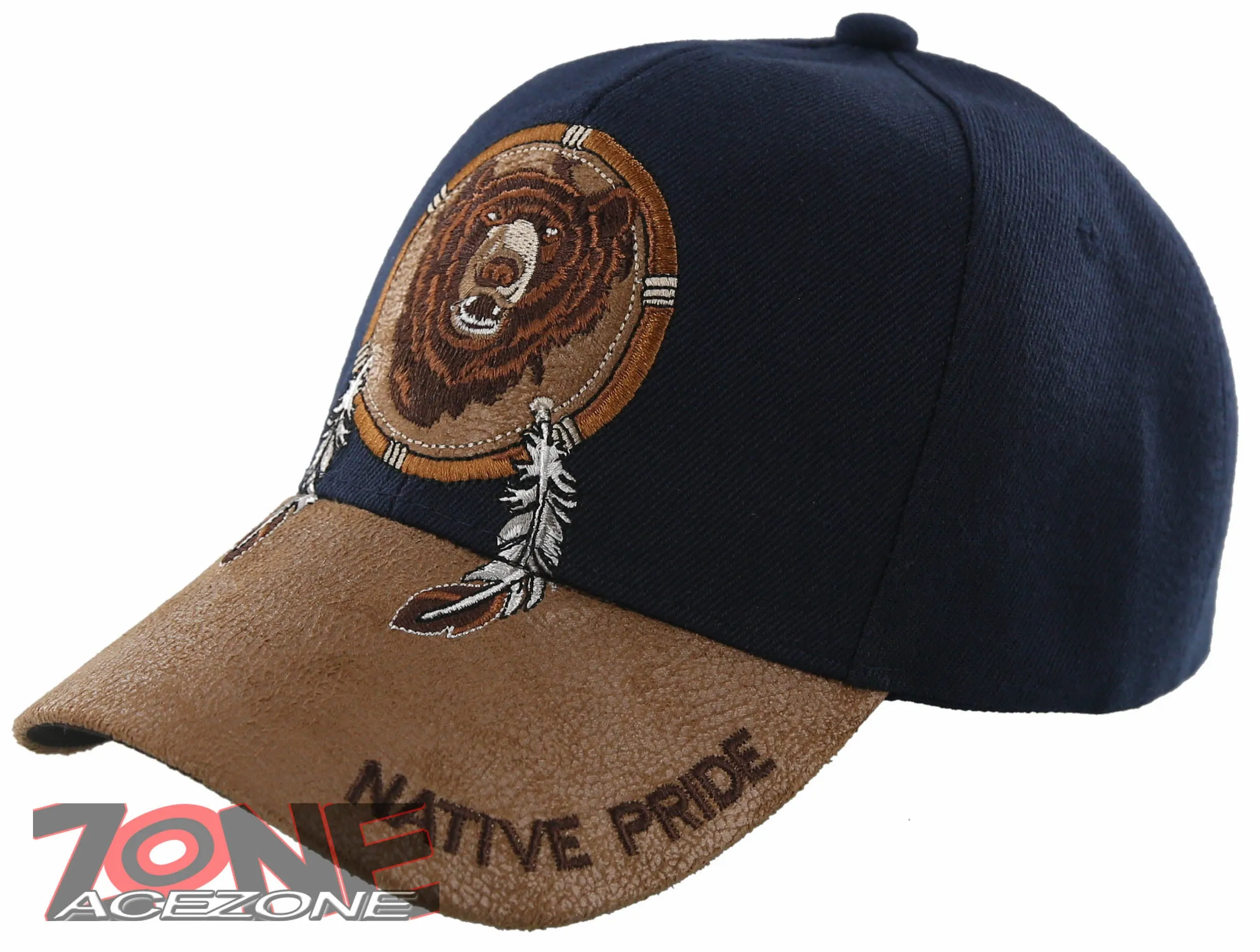 NEW! NATIVE PRIDE BEAR FEATHERS FAUX LEATHER BASEBALL CAP HAT NAVY