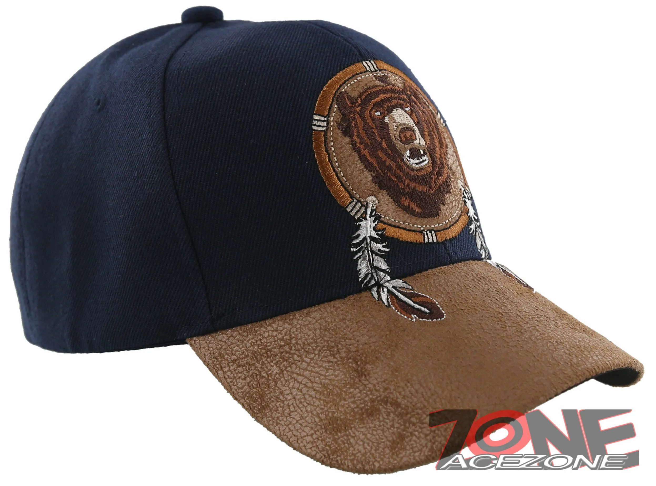NEW! NATIVE PRIDE BEAR FEATHERS FAUX LEATHER BASEBALL CAP HAT NAVY