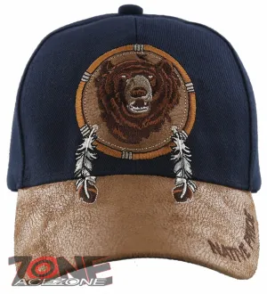 NEW! NATIVE PRIDE BEAR FEATHERS FAUX LEATHER BASEBALL CAP HAT NAVY