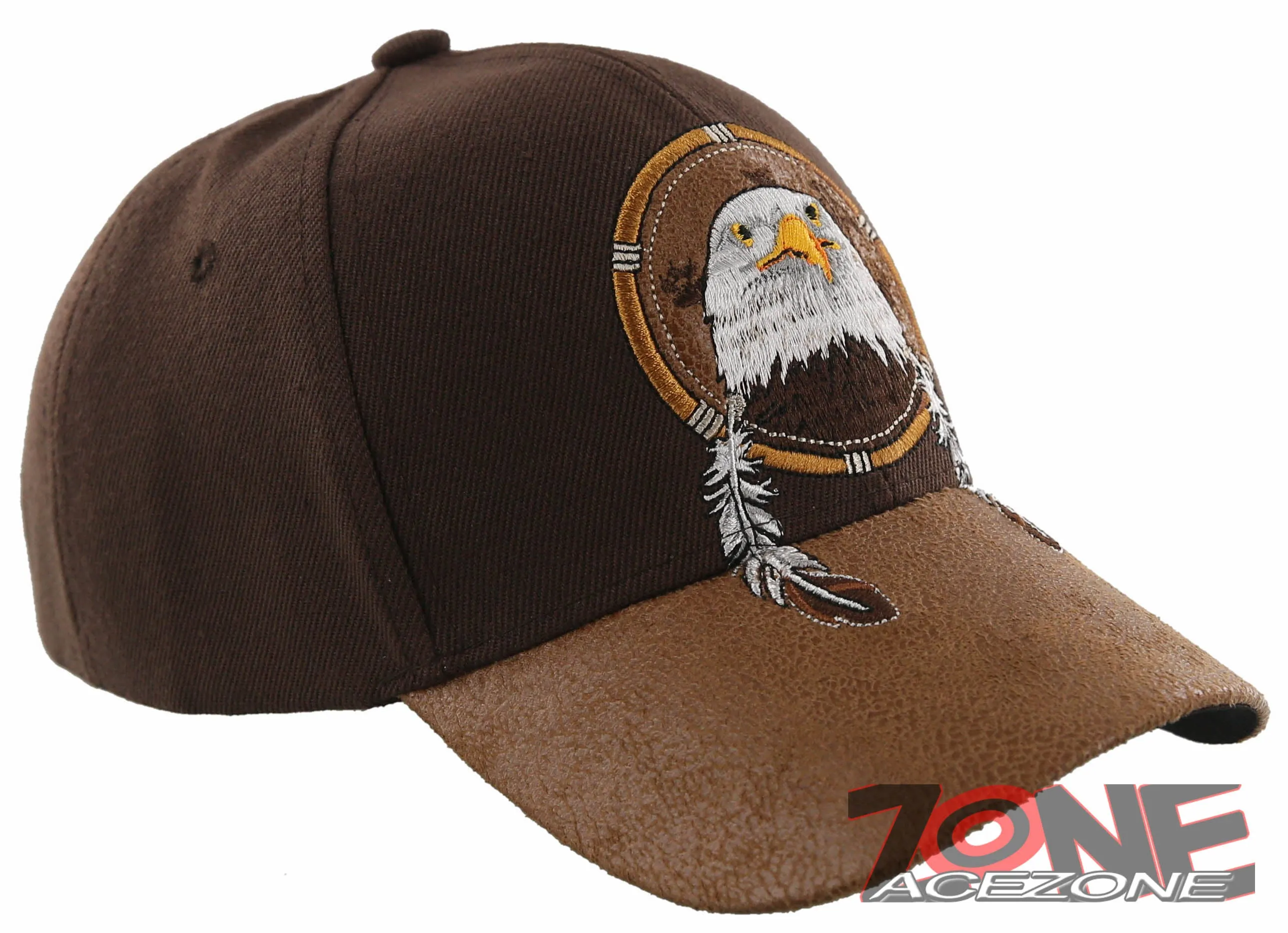 NEW! NATIVE PRIDE EAGLE FEATHERS FAUX LEATHER BASEBALL CAP HAT BROWN