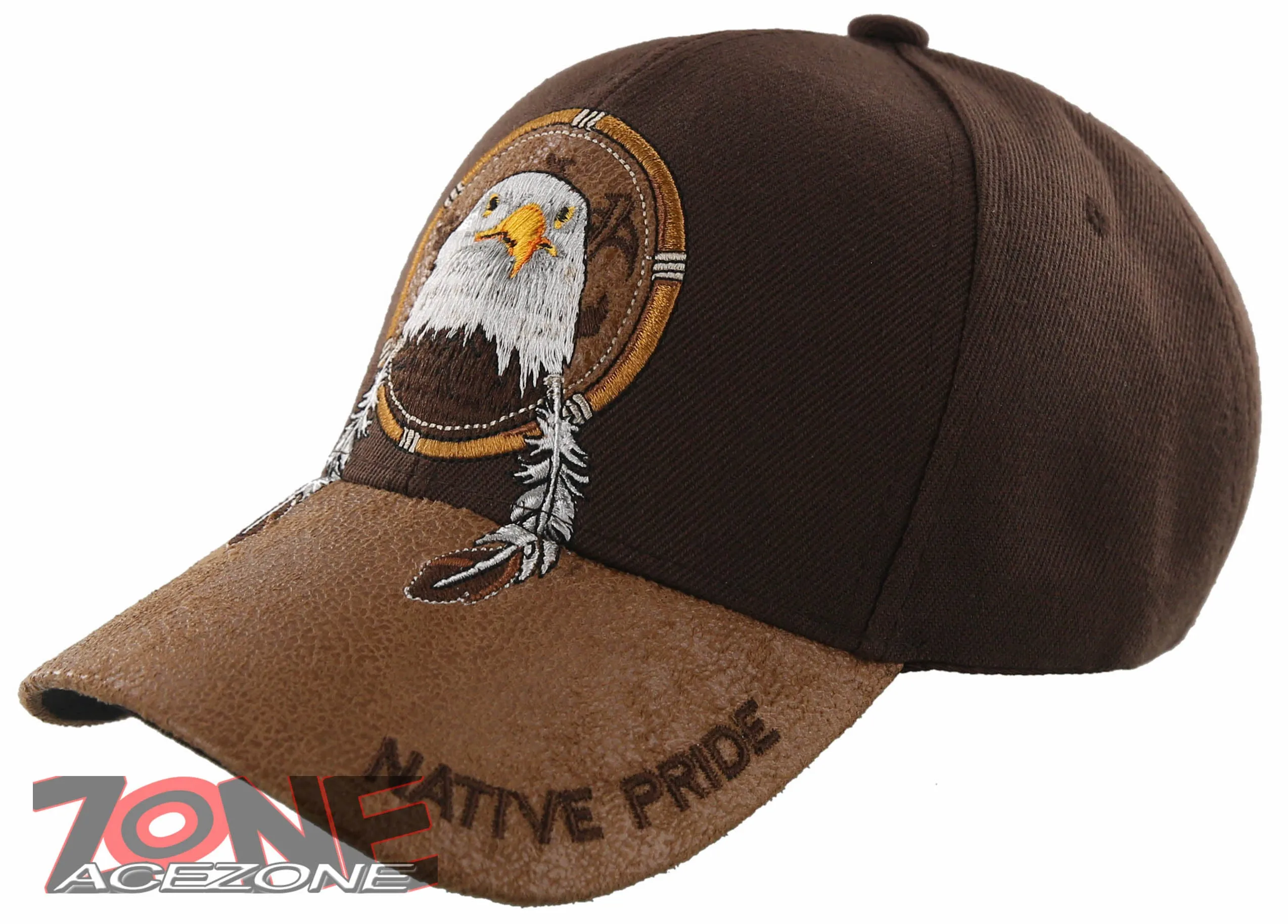 NEW! NATIVE PRIDE EAGLE FEATHERS FAUX LEATHER BASEBALL CAP HAT BROWN