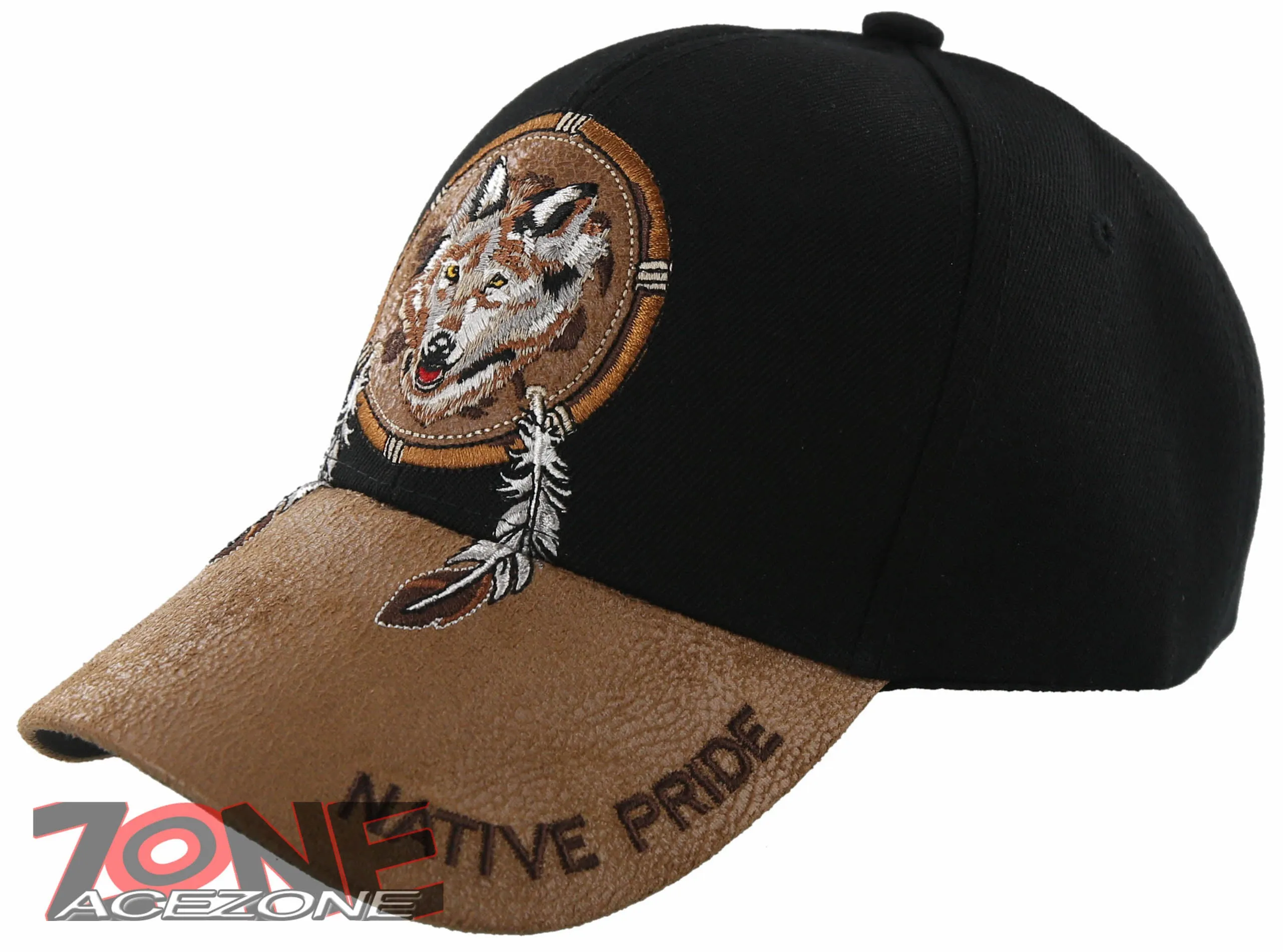 NEW! NATIVE PRIDE WOLF FEATHERS FAUX LEATHER BASEBALL CAP HAT BLACK