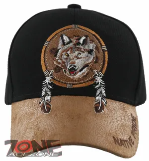 NEW! NATIVE PRIDE WOLF FEATHERS FAUX LEATHER BASEBALL CAP HAT BLACK